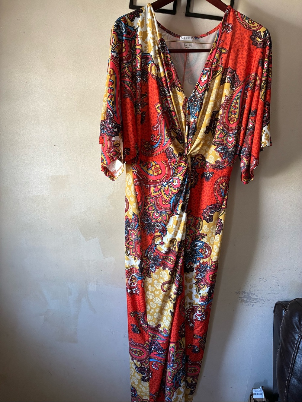 VENUS Red and Yellow Paisley Twist-Front Maxi Dress